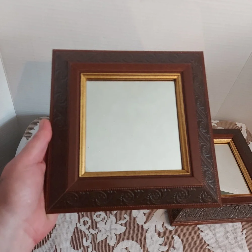 Home Interiors & Gifts Vintage Square Wall Mirrors Brown Gold Scroll Set of 2
